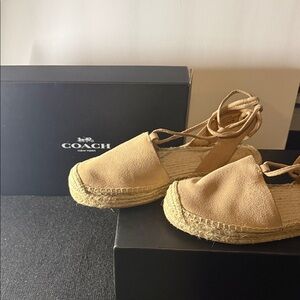 Coach Tan Suede Espadrille Lace-Up Flats